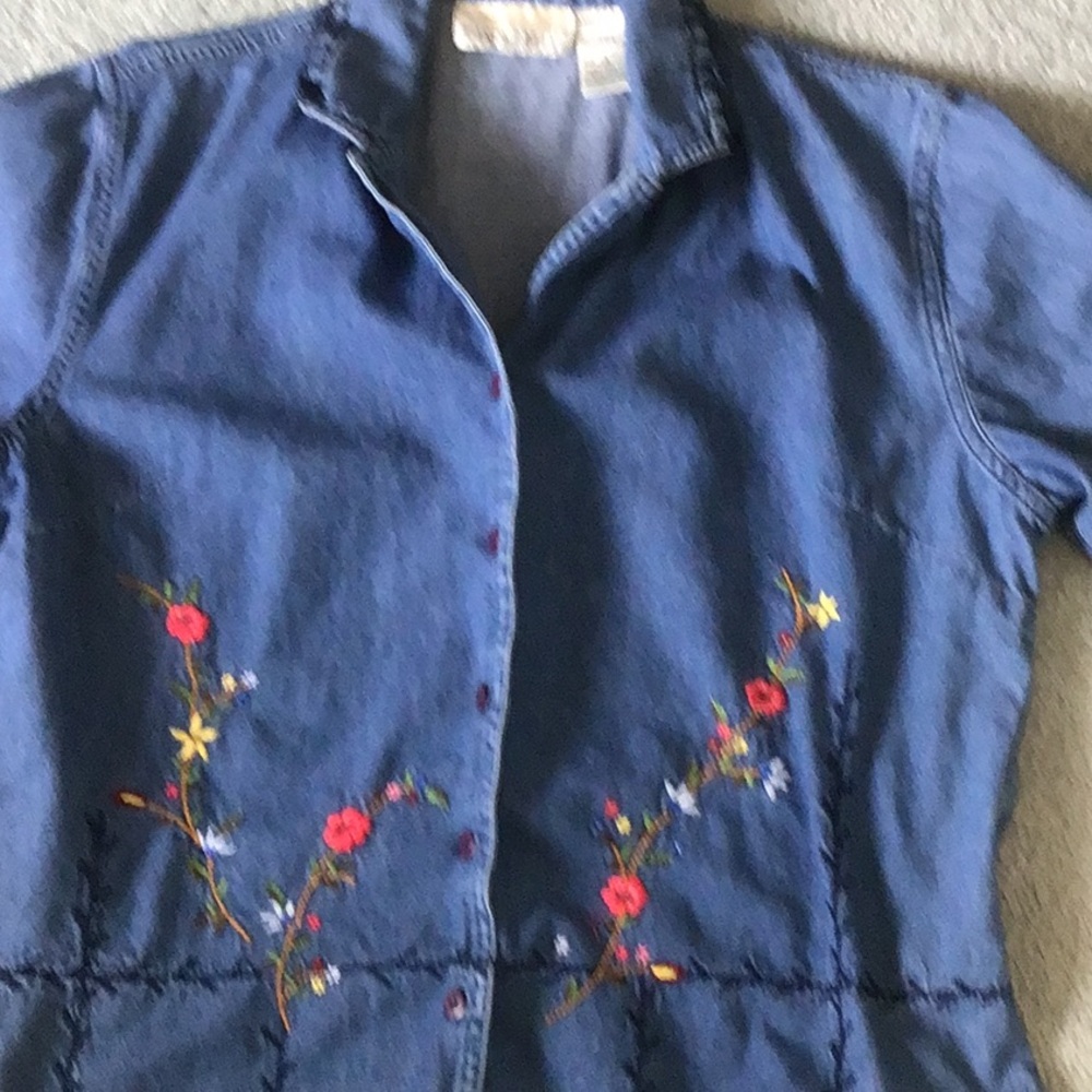 Coldwater Creek Blue Jean Jacket with Floral Embroidery
